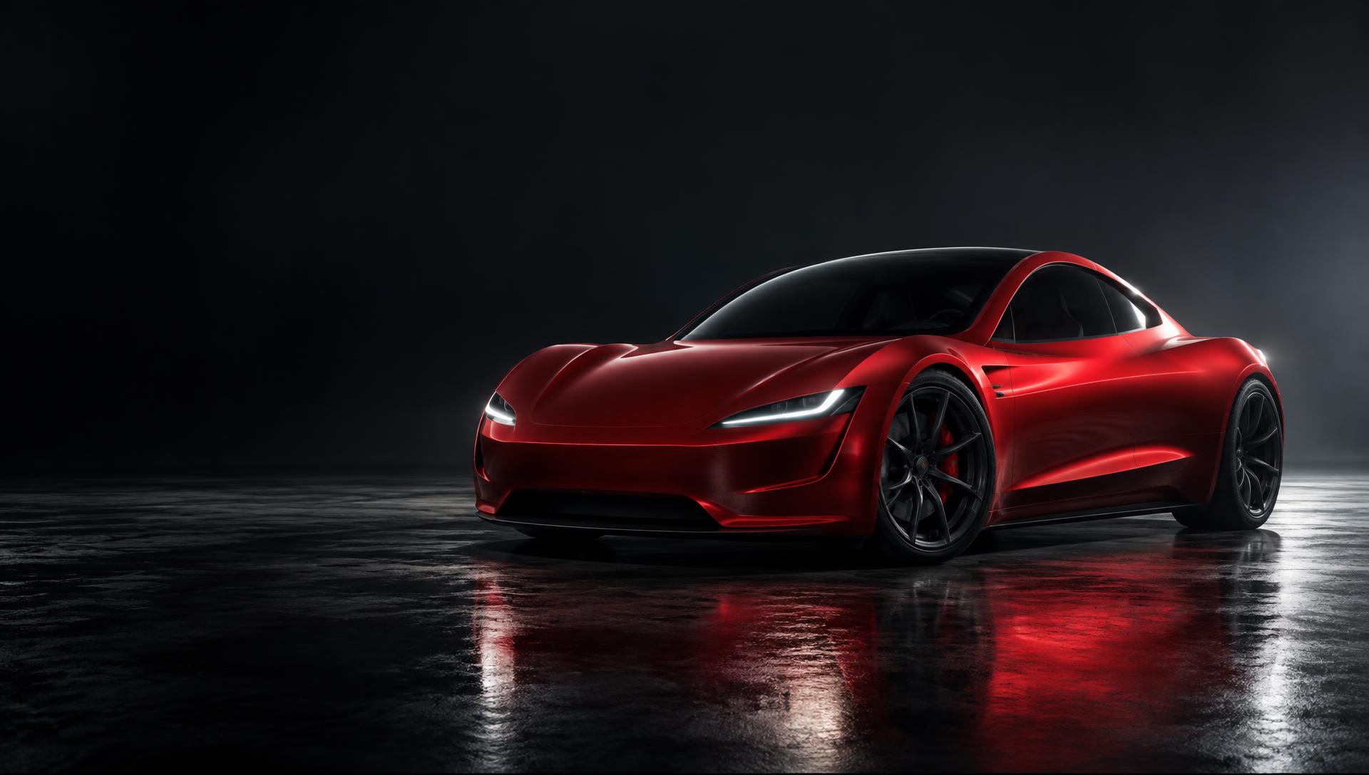 Red Roadster electric supercar in a cinematic dark studio